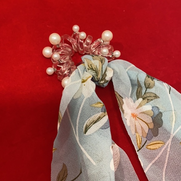Blue Floral Hair Scarf Coil Ponytail Holder With Faux Pearls - Picture 2 of 4
